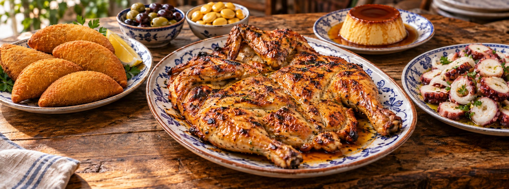 Poulet grillé servi sur un plat en faïence bleue, avec beignets de morue, olives, salade de poulpe et pudim