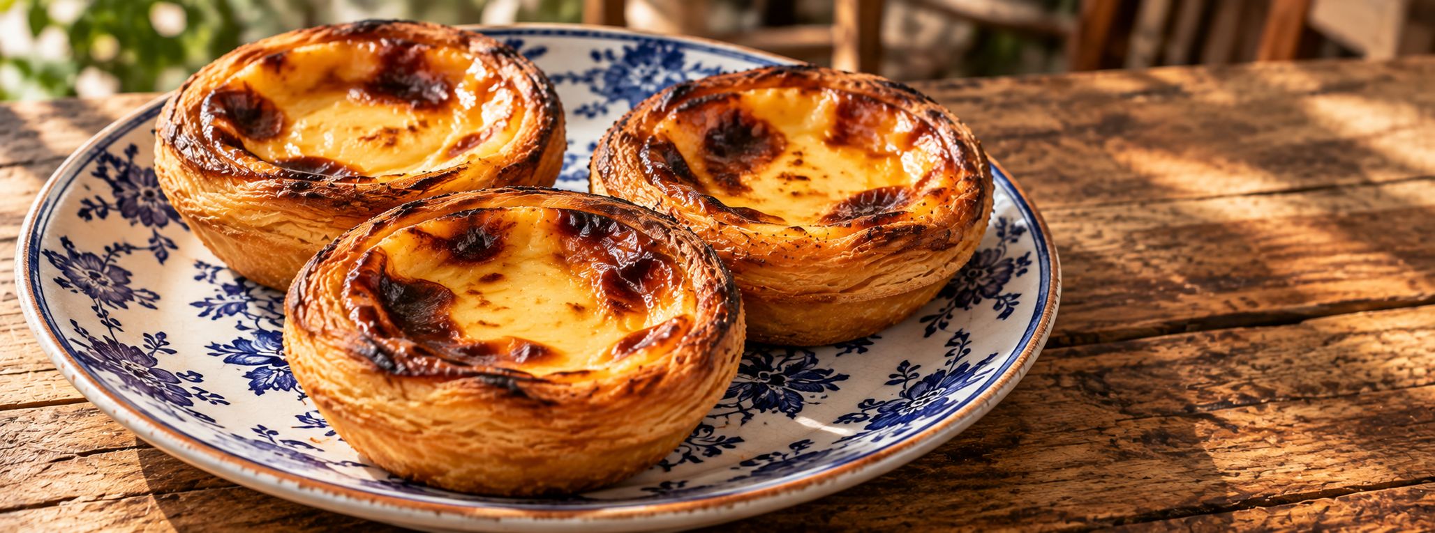 Trois pastéis de nata dorés sur une assiette en faïence bleue et blanche